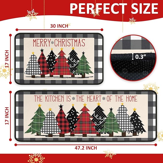 Buffalo Plaid Xmas Trees Merry Christmas Kitchen Rugs Set of 2, Christmas Indoor Floor Mats for Winter, Xmas Door Mat Runner Rug for Kitchen Home Decor 17"x47"+17"x30"