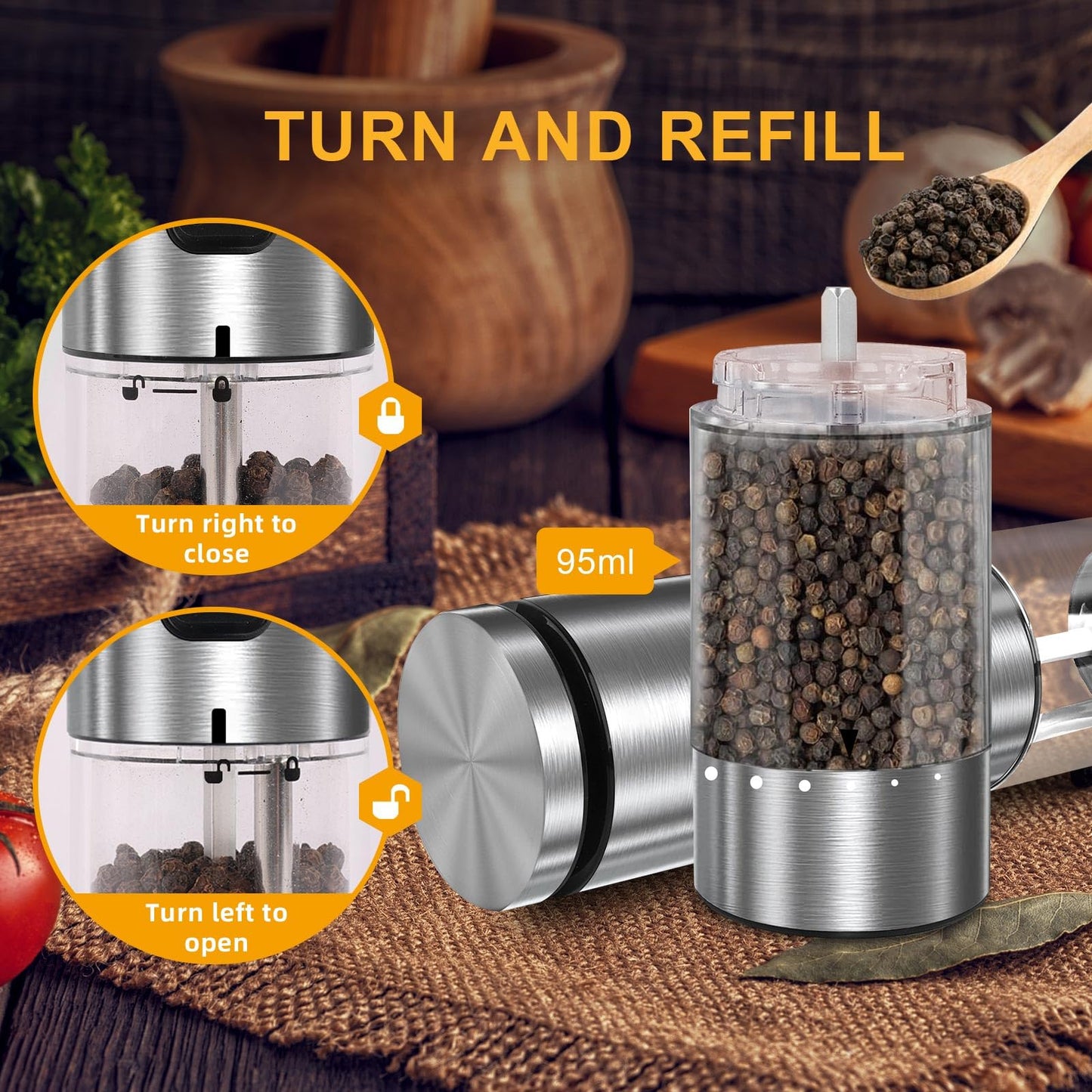 EIHO Electric Salt and Pepper Grinder Set USB Rechargeable, Upgraded External Adjustable Coarseness, Stainless Steel Automatic Salt and Pepper Shakers Mills with LED Light, House Warming Cooking Gifts