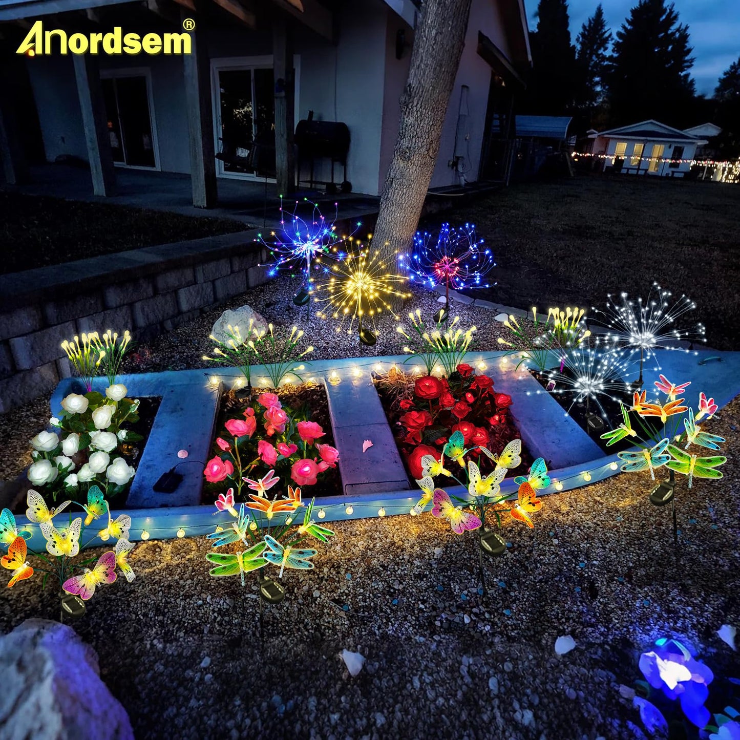 Anordsem Solar Garden Lights Outdoor: Bendable Copper Wire with 120 LED Firework Beads - Waterproof DIY Warm Decorating for Yard Patio Path - Gardening Gifts for Homeowner Gardener