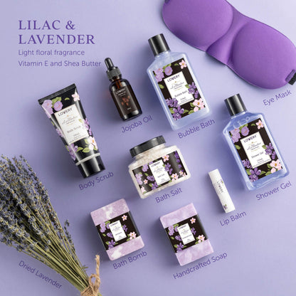 Womens Christmas Gifts – Holiday Gift Baskets for Women, Spa Gifts for Women Who Have Everything – Bath and Body Gifts for Mom, Her Lavender & Lilac Bath Set Soap, Bath Bomb, Jojoba Oil, Lip Balm
