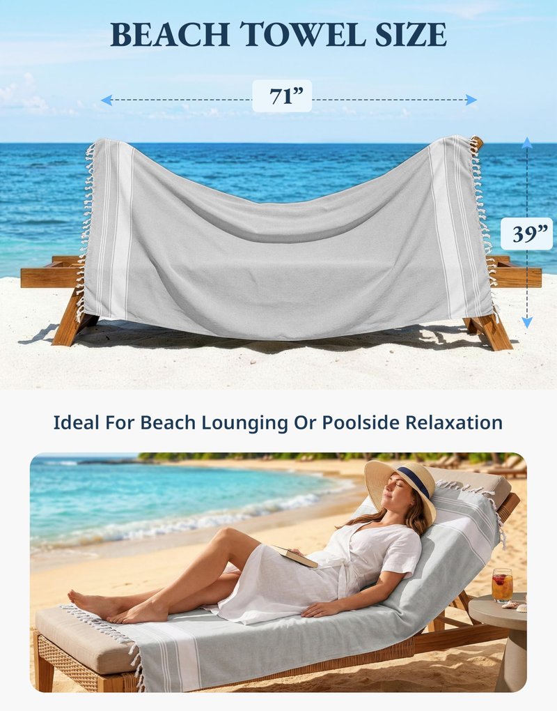 LANE LINEN Oversized Beach Towels 4 Pack – Pre-Washed, Extra Large, Quick Dry, No Sand, Absorbent Pool Towels for Adults, 39"x71", Grey