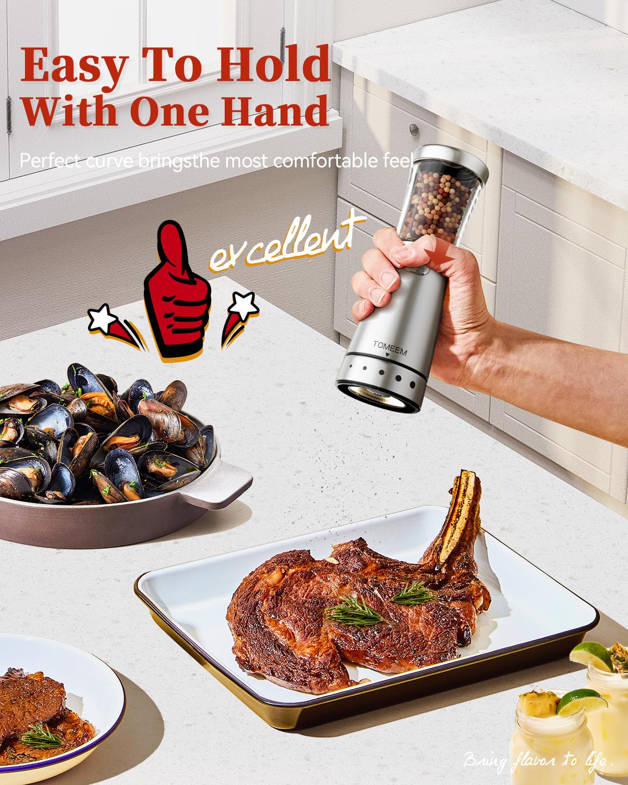 TOMEEM Electric Salt and Pepper Grinder Set with Storage Base, Stainless Steel Rechargeable Salt and Pepper Grinder Set, 4.5oz Large Capacity, 1.8" Wide Mouth, Adjustable Coarseness, Ideal for Kitchen