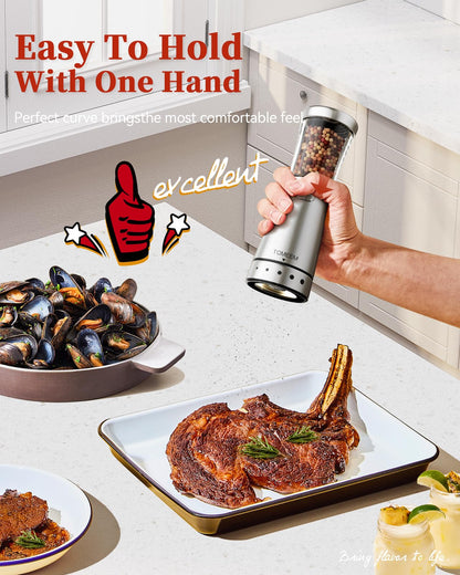 TOMEEM Electric Salt and Pepper Grinder Set with Storage Base, Stainless Steel Rechargeable Salt and Pepper Grinder Set, 4.5oz Large Capacity, 1.8" Wide Mouth, Adjustable Coarseness, Ideal for Kitchen