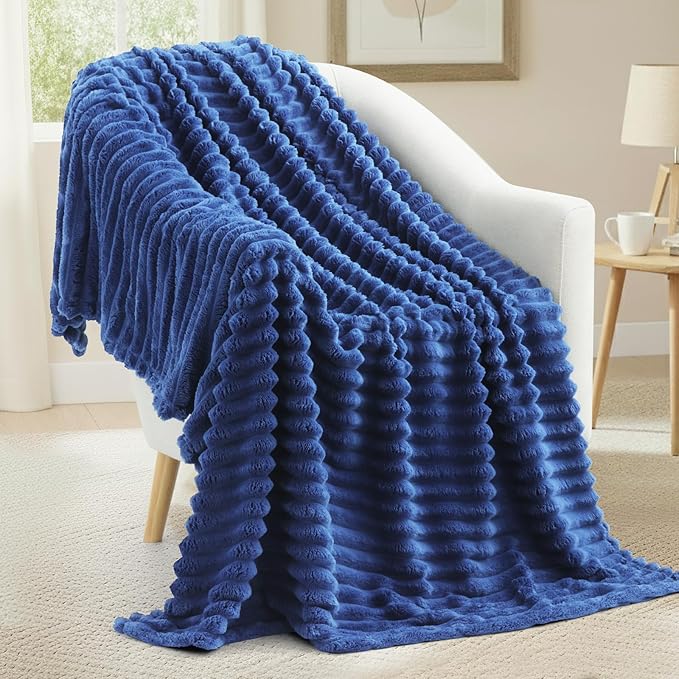 decorUhome Soft Fleece Navy Blue Blanket Queen Size for Bed, Cozy Fluffy Plush Flannel Large Striped Throws for Couch Sofa, Lightweight Decorative Fuzzy Blanket for Woman, 90x90 Inches