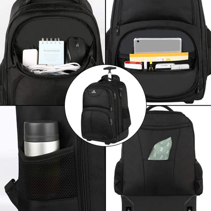 MATEIN Travel Backpack with Wheels, Rucksack with Wheels Cabin Size Wheeled Backpack 17inch Laptop Trolley Business Cabin Bag Carry On Suitcase Hand Luggage School Backpack for Women, Men, Uni, Black