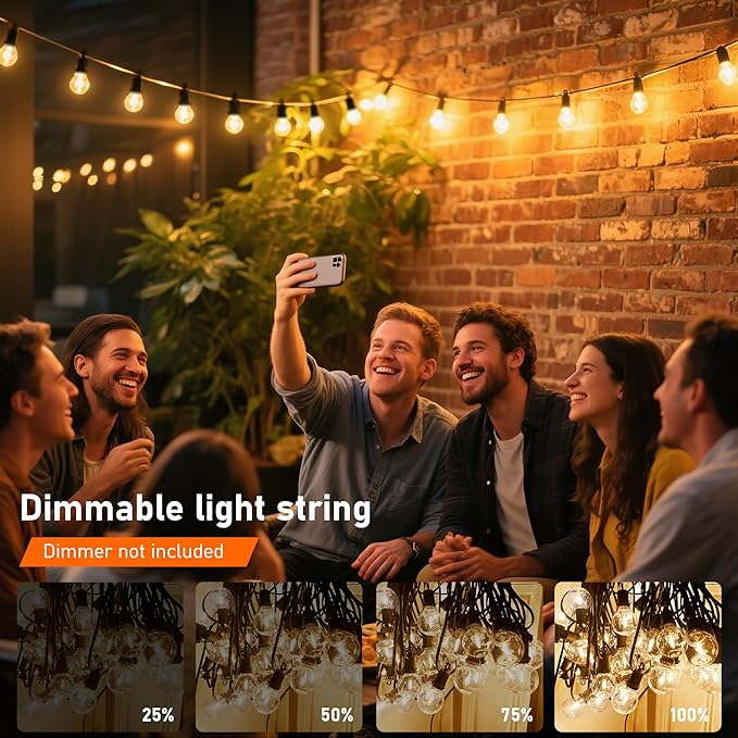 25Ft LED G40 Globe Outdoor String Lights Waterproof Patio Lights with 13 Shatterproof Warm White Bulbs, Hanging Light for Backyard Balcony Wedding Christmas Party Decorations, Black Wire