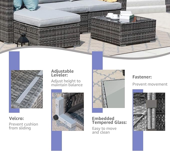 Patiorama 7 Pieces Outdoor Patio Furniture Set, All Weather Grey PE Wicker Rattan Sectional Conversation Set, Porch Garden W/Built-in Glass Table, Seat Clips, Light Grey Cushions