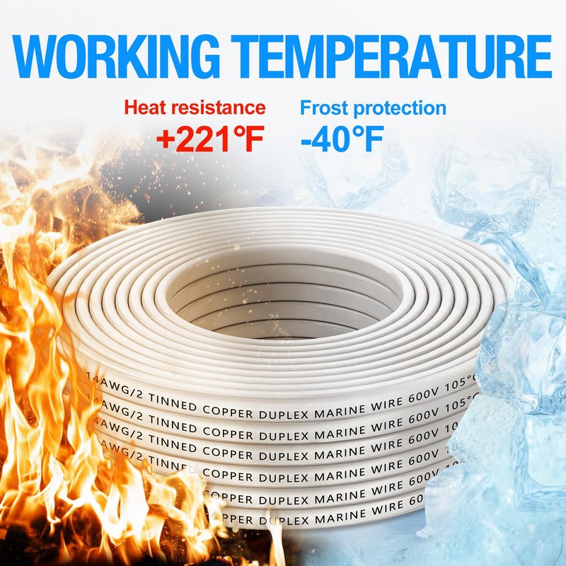 NAOEVO 14 Gauge Marine Wire Duplex, 14 AWG Stranded PVC Marine Electrical Wire, Waterproof/Corrosion Resistant/Tinned Copper Electrical Cable for Boat/Automotive/RV/Solar (60FT)