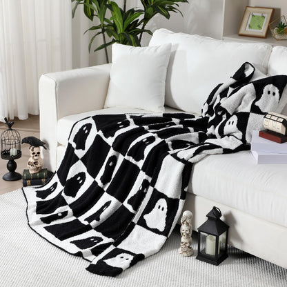 Buryeah Halloween Ghost Knit Throw Blanket, 50 x 60 Inch Spooky Ghost Reversible Knitted Throw Blanket, Cozy Lightweight Soft Gift for Couch Sofa Bed