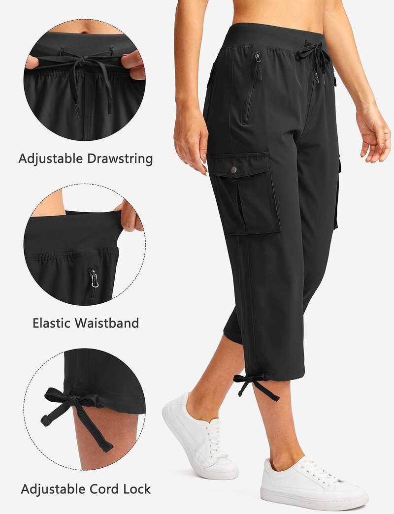 Soothfeel Women's Cargo Capris Pants with 6 Pockets Lightweight Quick Dry Travel Hiking Summer Pants for Women Casual (Black, XL)