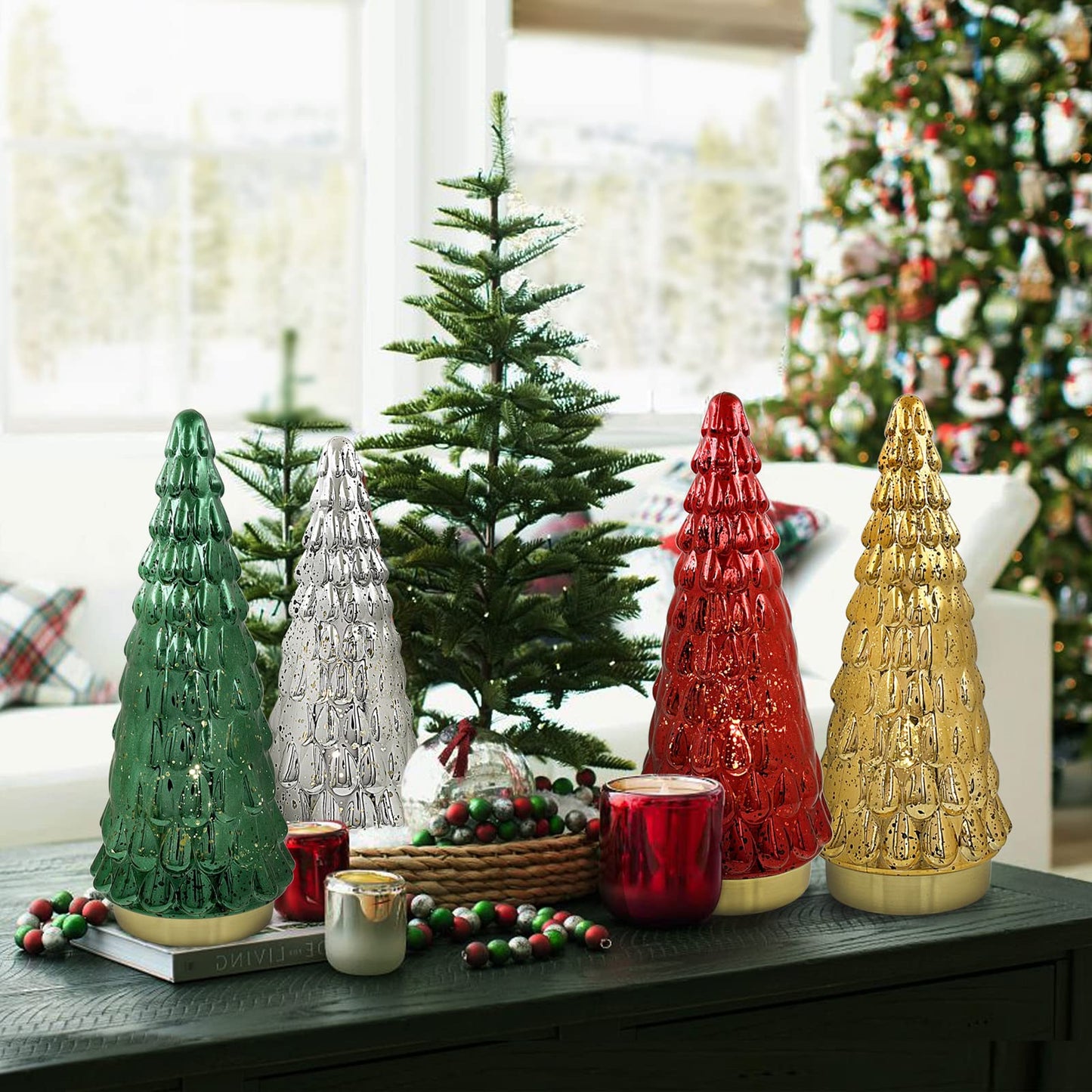 SHMILMH Silver Mercury Glass Christmas Tree, Small Tabletop Christmas Tree with Light, Battery Operated Mini Xmas Tree for Fireplace Bathroom Decor 10", Set of 2