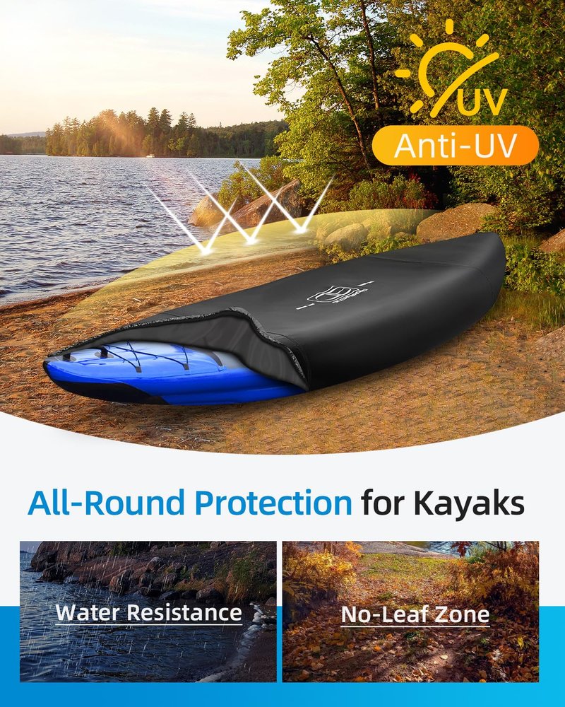 OCEANBROAD Kayak Cover Extra Wide, Water-Resistant UV-Resistant Kayak Canoe Fishing Boat Dust Covers for Outdoor Storage, Suitable for 9.3-10.5ft Length, Up to 44in Width, 420D Black