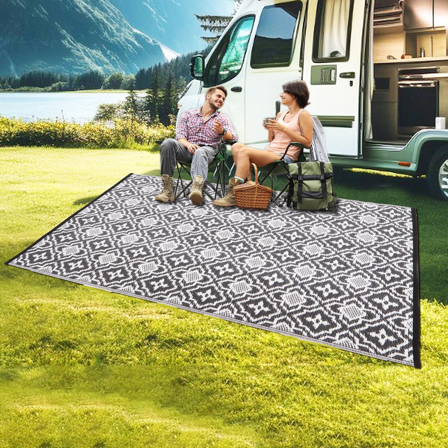 Alfolo Outdoor Rug Waterproof 4x6 Outdoor Mat Small Porch Balcony Rug,Reversible Plastic Straw Rug for Camping Black and White Outdoor Mats for Patio, Deck, RV, Camping, Beach, Backyard