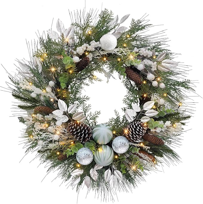 Christmas Lighted Wreath for Front Door, 28 Inches Pre-Lit 35 LED Lights Silvery Artificial Holiday Wreath with Silver Ornaments for Indoor Outdoor Home Decorations