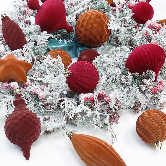 SY Super Bang 30PCS Velvet Christmas Ornaments Set, Flocked Shatterproof Assorted Hanging Xmas Tree Ball Decorations, for Home Party Holiday Decor, Coffee, Burgundy