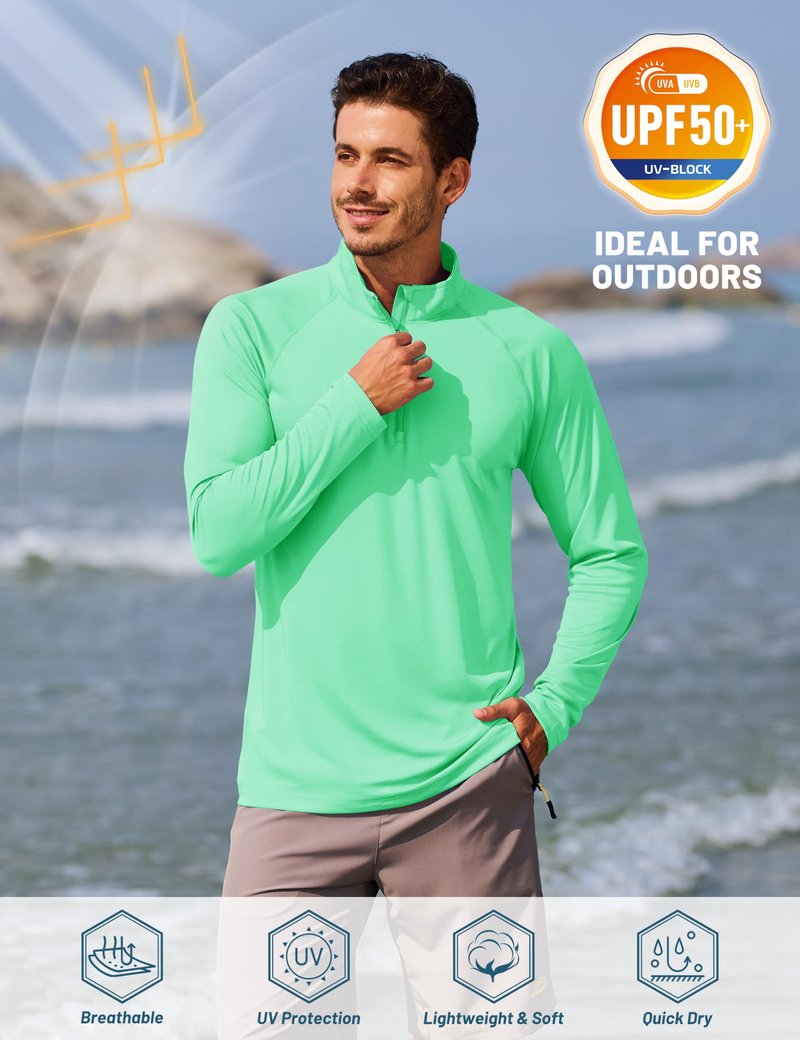 TACVASEN Sun Shirts for Men Long Sleeve Swim Shirts Quarter Zip Pullover 1/4 Zip Men Rash Guard Shirts Quick Dry Tops Outdoor Mint Green