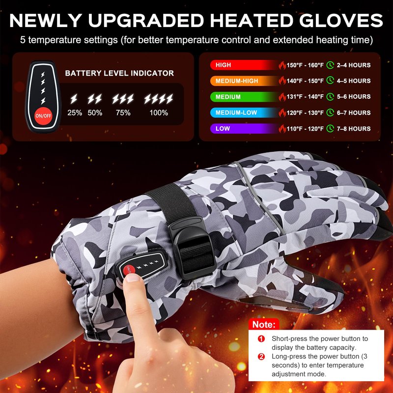 Acroutro Heated Gloves for Men&Women, 5-Temp Settings Camouflage Rechargeable with 7.4V 6400mAh Rechargeable Battery, Waterproof Touchscreen Winter Gloves for Skiing,Motorcycle, Work, Hunting（L）