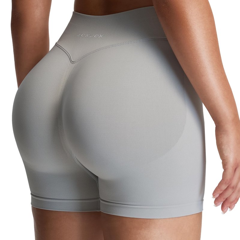 Aoxjox Seamless Workout Biker Shorts for Women Impact Hidden Scrunch Low Waisted Athletic Running Yoga Short 4.5" (Feather Beige, Small)