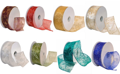 Morex Snowflake 2.5" X 50 YD Nylon Sheer Wired Glitter Ribbon in Ivory/Gold
