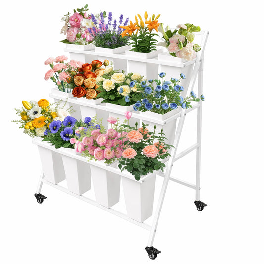 PROLEE Flower Stand with 12 Buckets, Flower Display Stand with Wheels, Flower Cart, Moving Florist Bouquet Shelf, Triangular (White)