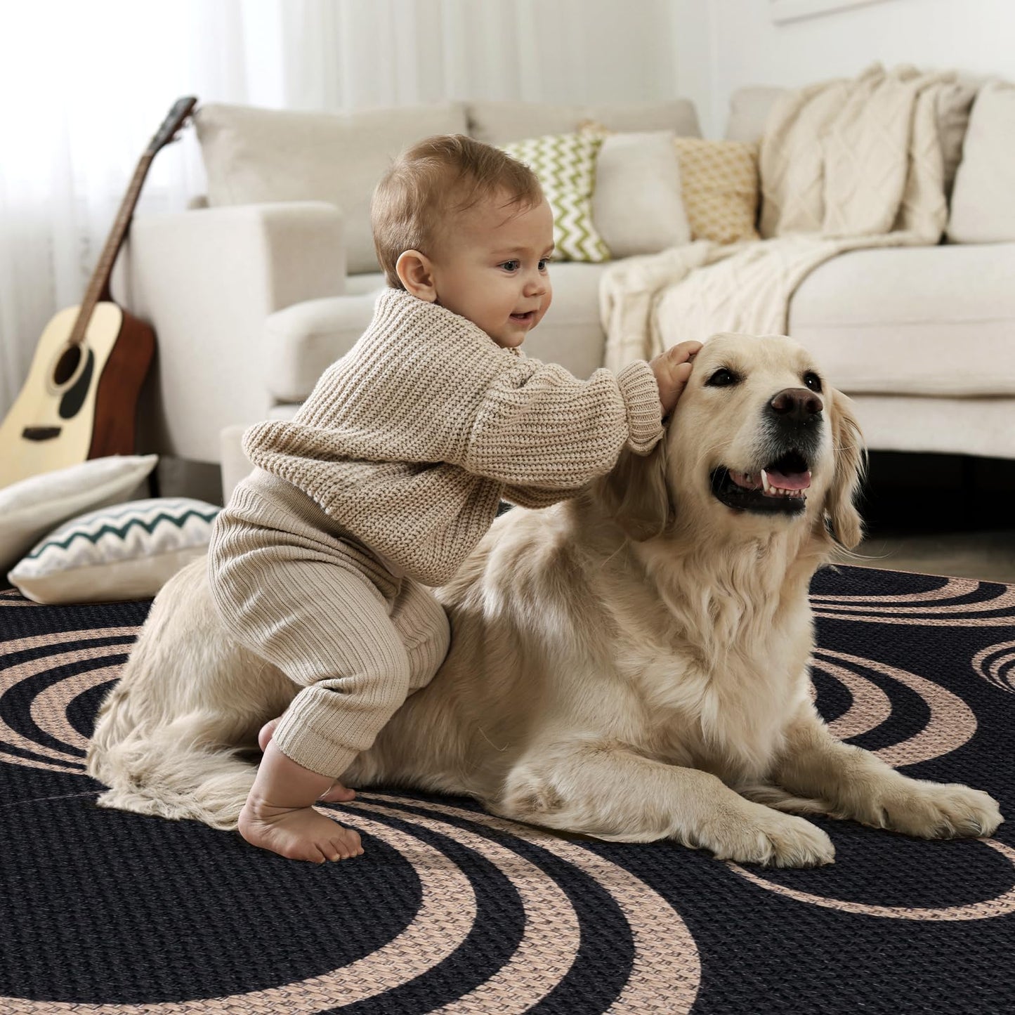 Tangsoo Easy Jute Area Rug,4x6 Washable Thin Outdoor Rug for Patio,Non Slip Rubber Backing Black Indoor Carpet Farmhouse Modern Throw Mat for Front Porch Balcony Living Room Diningroom