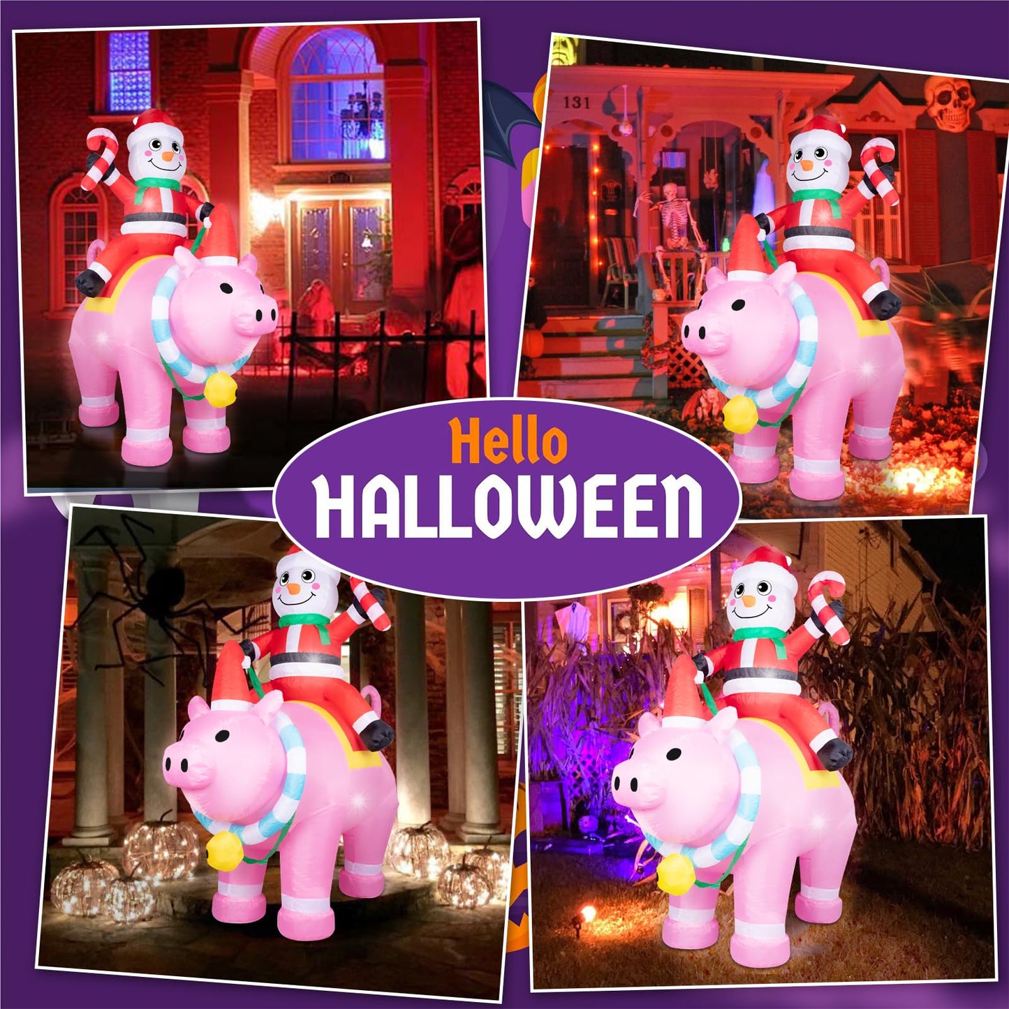 7FT Halloween Inflatables Cute Inflatable Halloween Inflatable Santa with Pink Pig Halloween Decorations Outdoor Halloween Blow Up for Yard, Outside, Built-in LED Lights with Tether