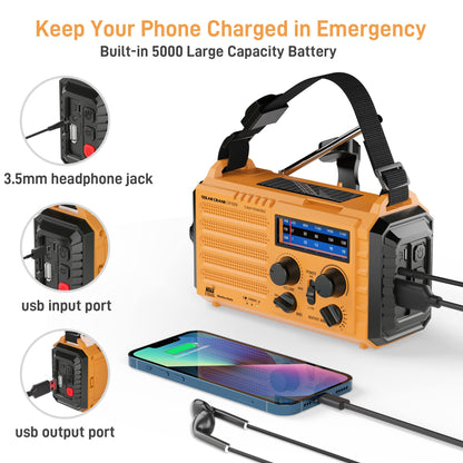 Eoxsmile Emergency Radio with NOAA Weather Alert– 5000mAh Solar Hand Crank Portable AM/FM Shortwave Radio, Rechargeable Battery, USB Charger, Flashlight, SOS Alarm for Home Outdoor Hurricane Survival