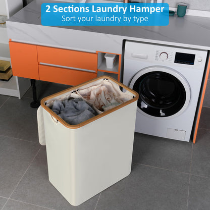 efluky Laundry Hamper with Lid, 160L Tall Laundry Basket with Bamboo Handles for Clothes and Toys, Collapsible Laundry Hamper with 2 Inner Bags for Bedroom and Bathroom, Beige