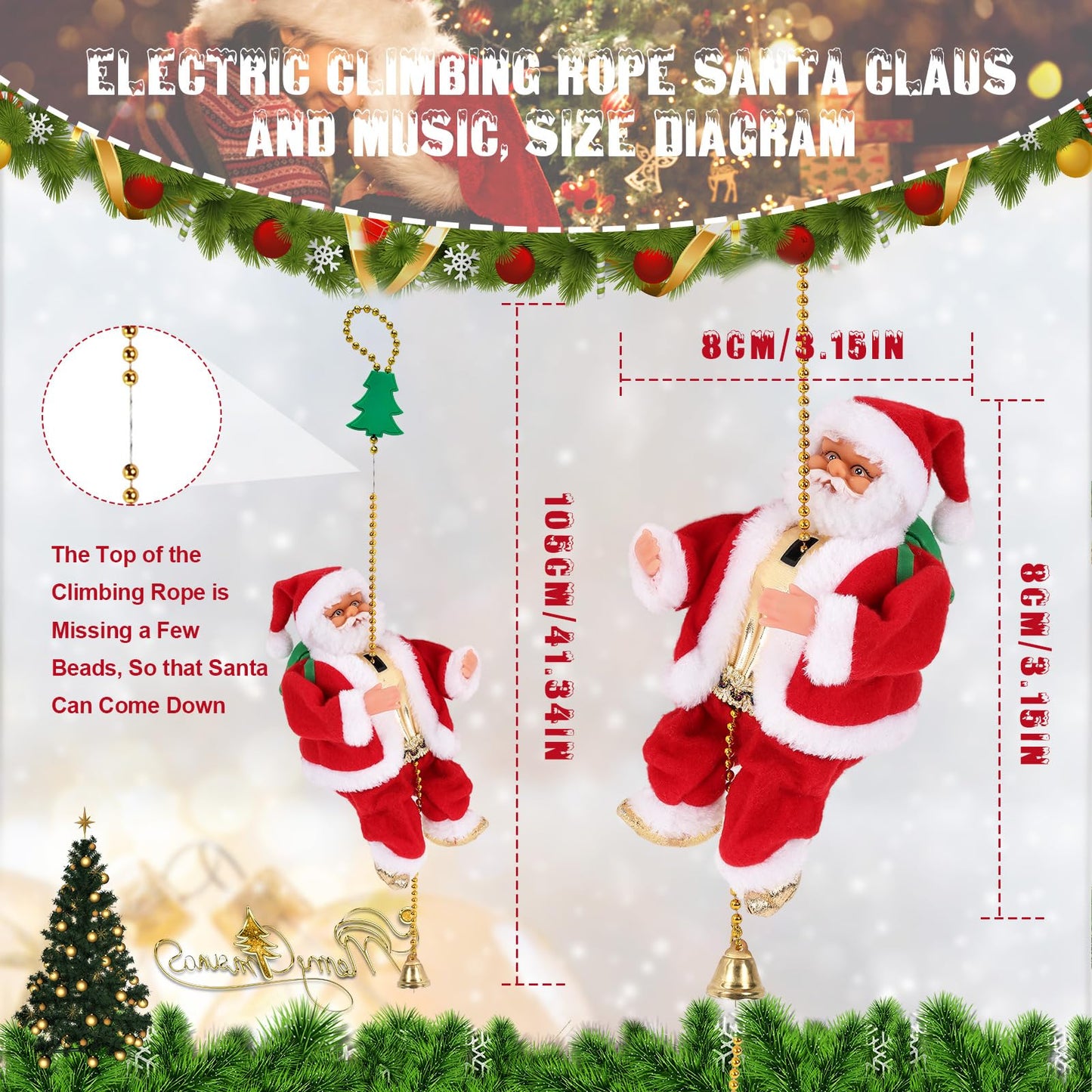 Gfilay 2025 Upgraded Climbing Santa Claus on Rope, Animated Electric Musical Christmas Ornament with 3 Modes, Secure Tree Hook & Reinforced White PVC Case, Heartwarming Holiday Decoration Gift