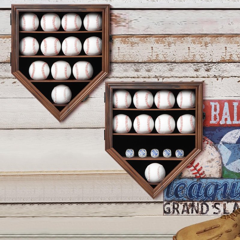 Grintus Baseball Display Case Real Glass-Solid Wood Baseball Holders for Balls and Championship Ring Display Wall Mount with Lockable Door for Autograph Balls Collection (Walnut)