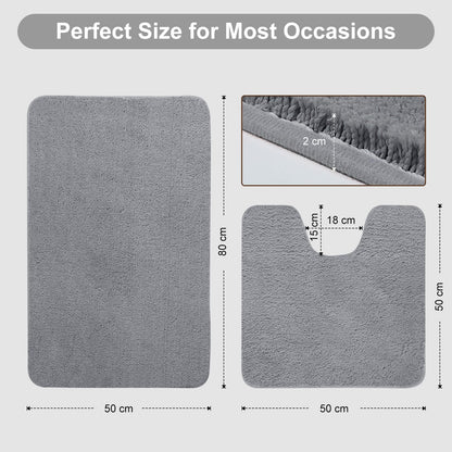 SOANNY 2 Piece Non-Slip Bath Mat Set, Luxury Thick Microfiber Shaggy Bathroom Rugs, 50 X 80 CM Soft Plush Shower Mat & 50 X 50 Toilet Pedestal Carpet, Machine Washable, Absorbent, Grey