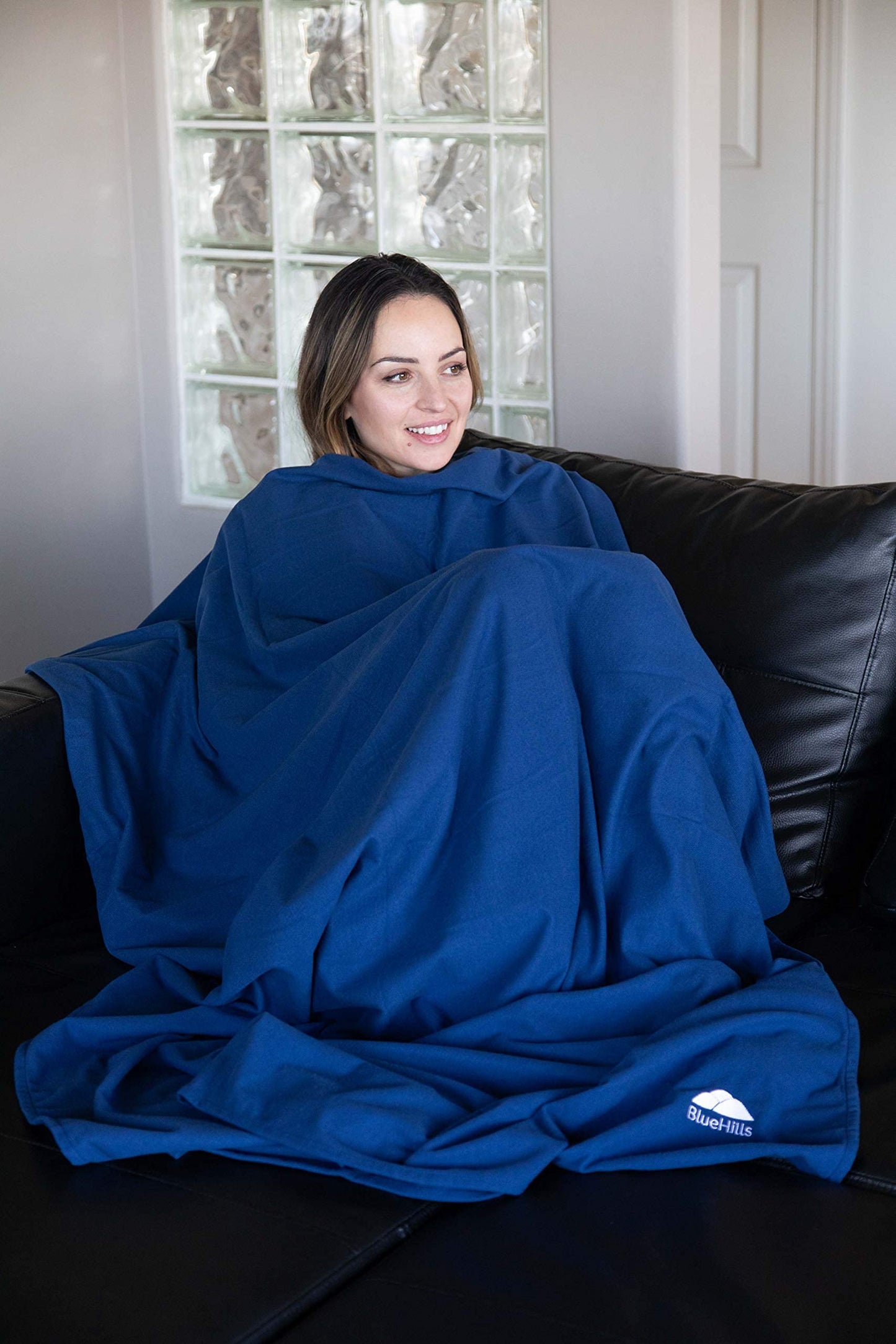 BlueHills Ultra Compact Travel Blanket Pillow in Portable Bag Case with Hand Luggage Belt & Backpack Clip Premium Cozy Soft Compact Pack Large Blanket for Airplane Flight Layover - Navy Blue C001