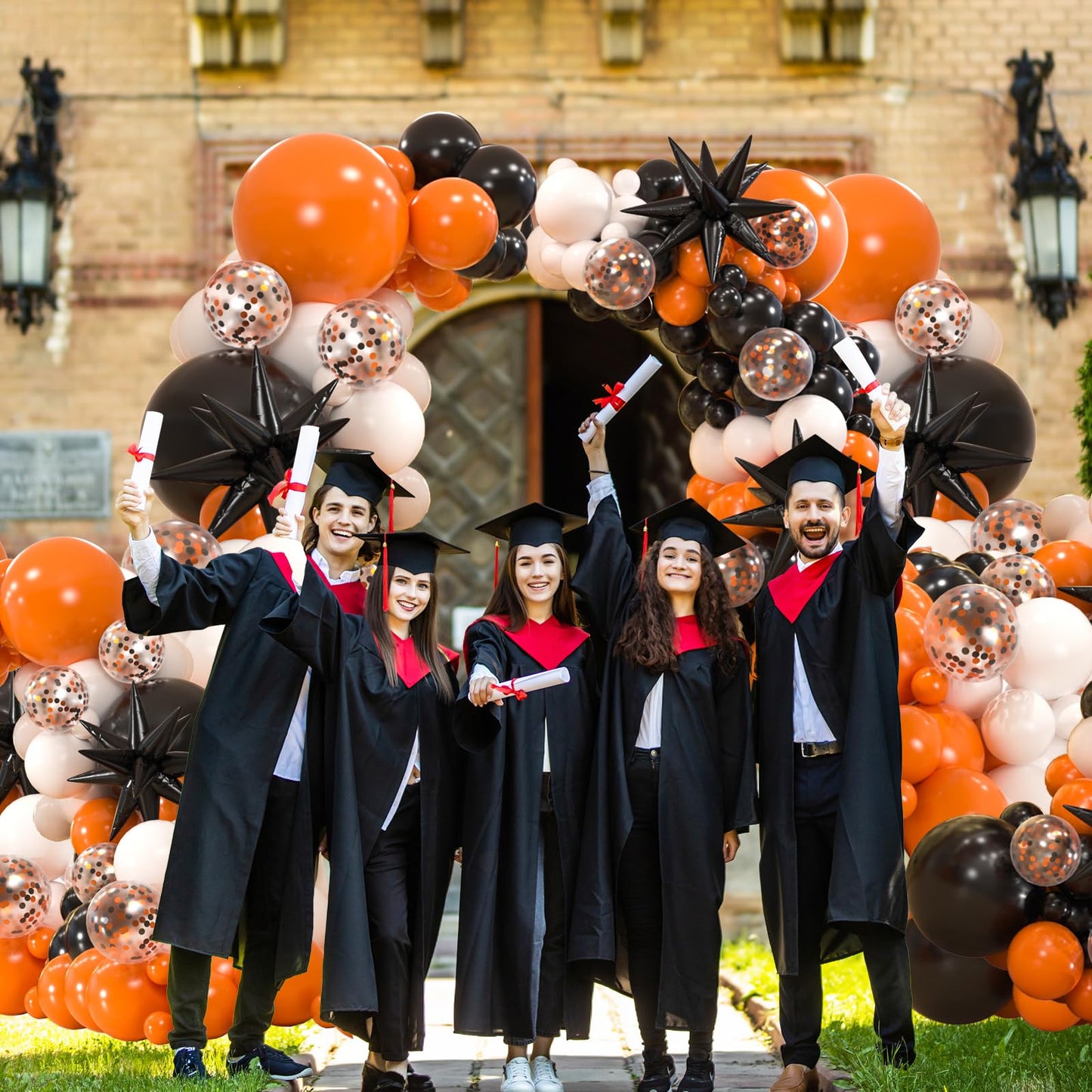 161pcs Black White Orange Balloons Arch Kit,Black Orange With 3pcs Starburst Foil Balloons for Birthday Graduation Halloween Thanksgiving Day Party Decorations