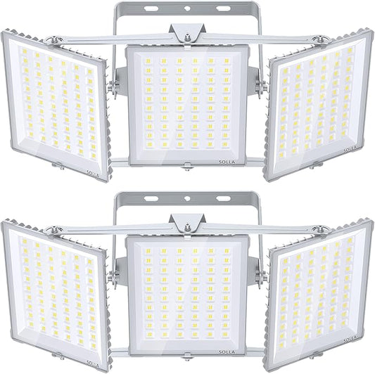 600W 2 Pack 2025 Plus New Upgraded LED Flood Light Outdoor, 60000LM Super Bright Stadium Lights, 6000K Daylight White, IP66 Waterproof, 3 Heads Adjustable Floodlights for Yard, Arena, Street