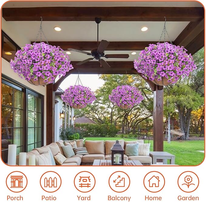 Artificial Hanging Faux Flowers Basket, Fake Silk Daisy Eucalyptus Plants Arrangement,for Spring Summer Outdoor Decoration,UV Resistant, Coconut Planter,Look Real for Home Garden Decor (Purple)