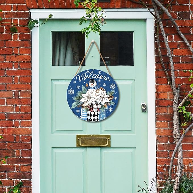 Welcome Winter Blue Poinsettia Front Door Sign Winter Snowman Wood Door Hanger Outdoor Outside Porch Decor Blue Christmas Snowflake Holiday Wreath Wall Hanging Welcome Sign for Home Front Porch 12in
