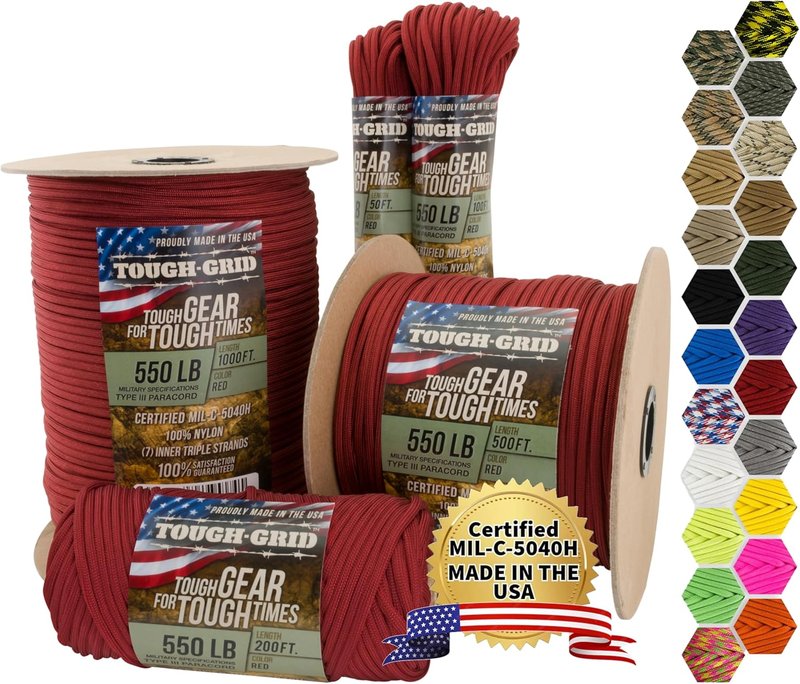 Tough-Grid 550 Paracord Rope - Durable Nylon Survival Cord for Camping, Tactical Gear & Emergency Kits | Made in USA