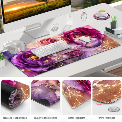 Gaming Mouse Pad, Large Desk Mat, Cute Desk Pad Protector, 4in1 XXL Mousepad + Keyboard Wrist Rest+Mouse Wrist Rest+Coaster Set with Ergonomic Desk Pad for Home Office PC, Marble Rose Purple Flowers