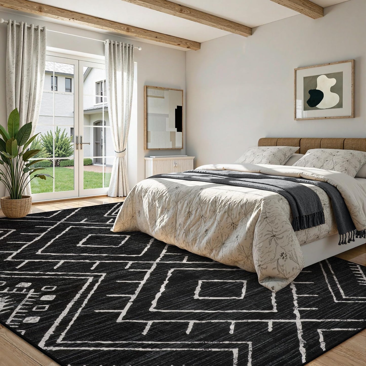 LIVEBOX Moroccan 8x10 Area Rug, Black Washable Rugs for Living Room Bedroom, Non Slip Western Tribal Rug Low Pile Geometric Large Area Rugs Diamond Carpet for Dining Room Home Office Decor Playroom