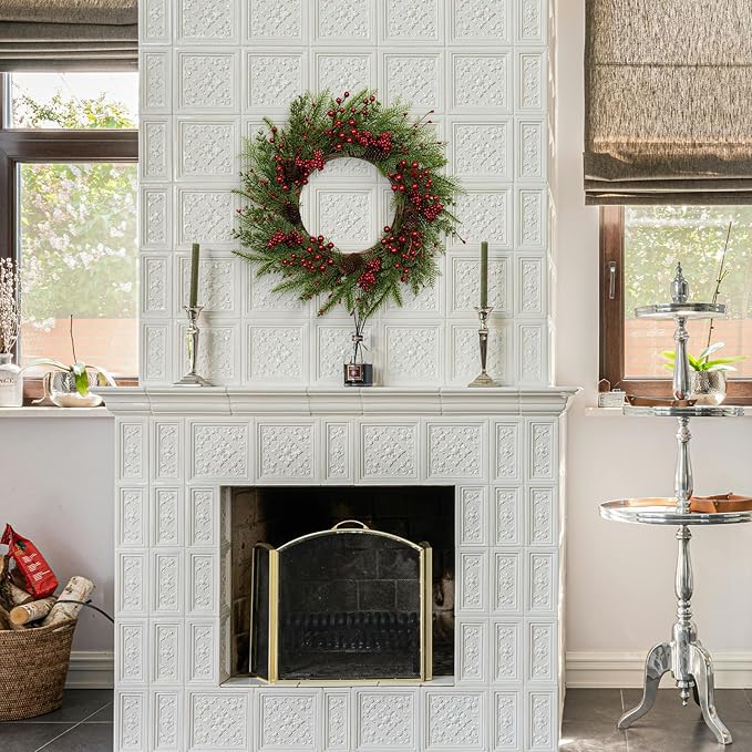 JINGHONG Artificial Christmas Wreath 22 Inch Christmas Wreaths for Front Door Winter Wreath with Red Berries Pine Cones Needles for Indoor Outdoor Xmas Winter Holidays