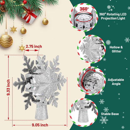 Christmas Tree Topper Lighted with 6 Projection Modes,Christmas Star Tree Topper Built-in LED Rotating Projector Lights 3D Christmas Tree Decorations for Xmas Party Holiday Decor(Silver Snowflake)