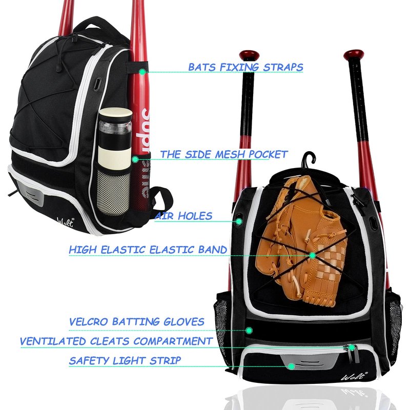 WOLT | Youth Baseball Backpack Bag for Baseball, Softball & T-Ball Equipment & Gear, Youth Boys and Adults, with Holder for Bat, Helmet, Glove, & Shoes Compartment & Fence Hook (Black)