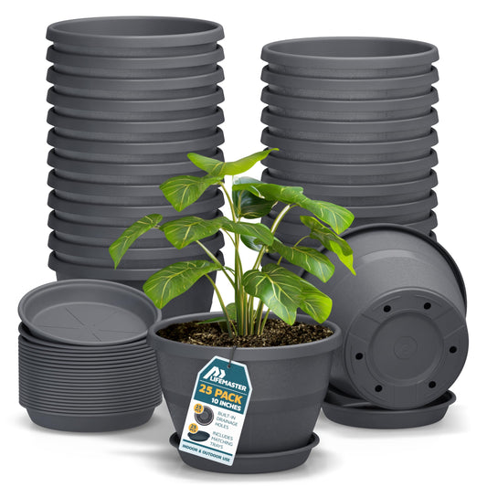 10-Inch Whiskey Barrel Planters Outdoor Pack of 25 - Durable Plastic Plant Pots for Indoor & Outdoor Use with Drainage & Saucer, Lightweight Rustic Barrel Planters for Flowers, Herbs & Small Plants