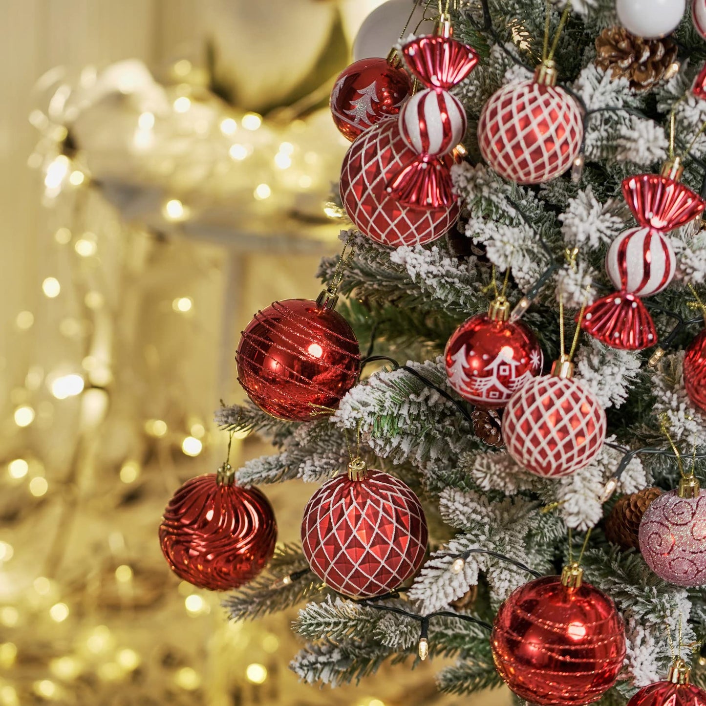 Christmas Ball Ornaments Set Assorted Shatterproof Ornaments 63 PCS Shaped Styles Xmas Tree Holiday Decorative,Red