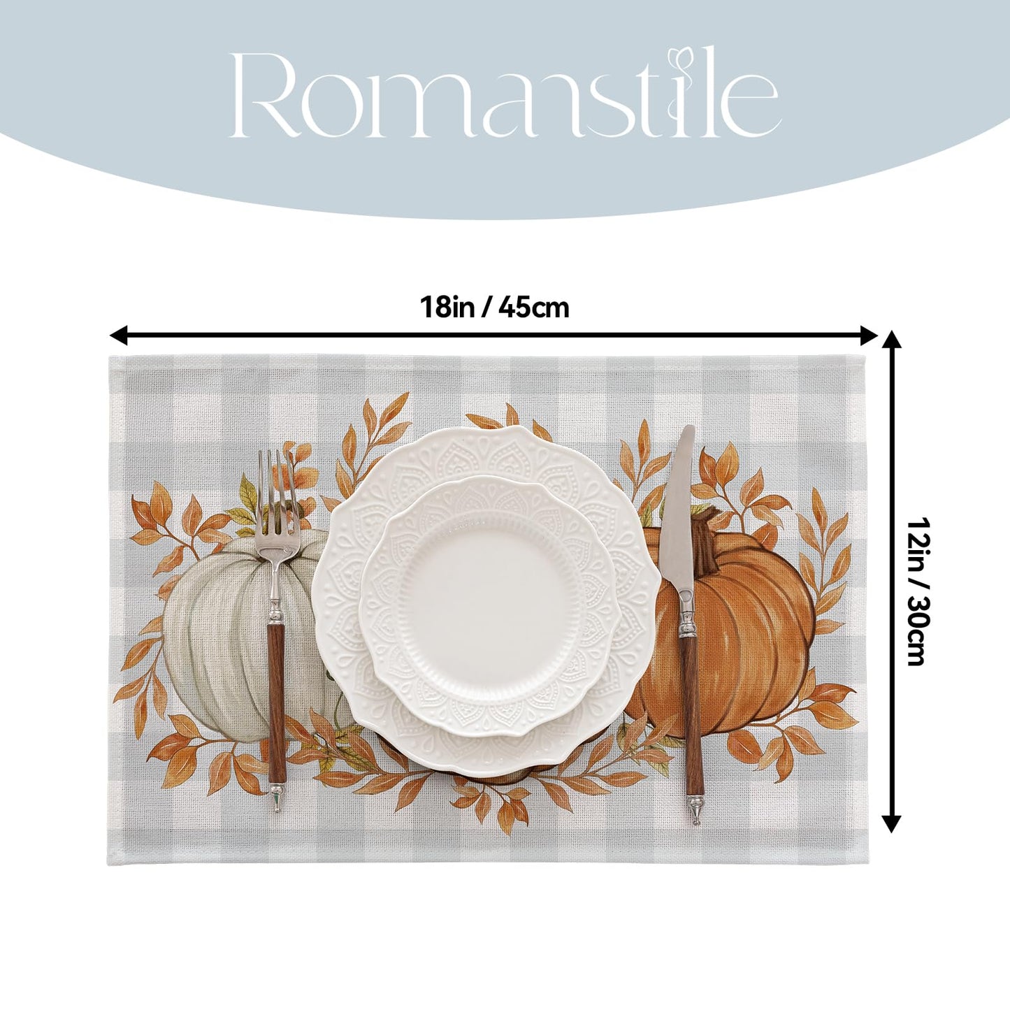 Romanstile Fall Placemats Set of 4-12 X 18 Inch - Thanksgiving Autumn Harvest Pumpkin Buffalo Plaid Place Mats, Stain Resistant Wipeable Table Mats for Party/Dining/Holiday- Grey Blue Checkered