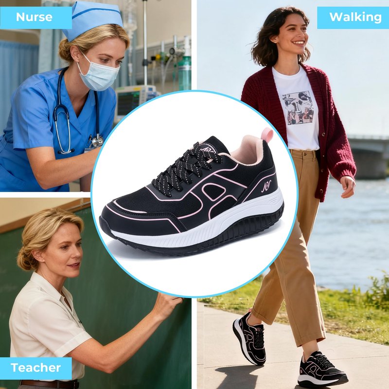 RomenSi Womens Walking Shoes Arch Support Tennis Orthotic Sneakers Plantar Fasciitis Rocker Bottom Shoes for Foot and Heel Pain Relief BlackRose US 6