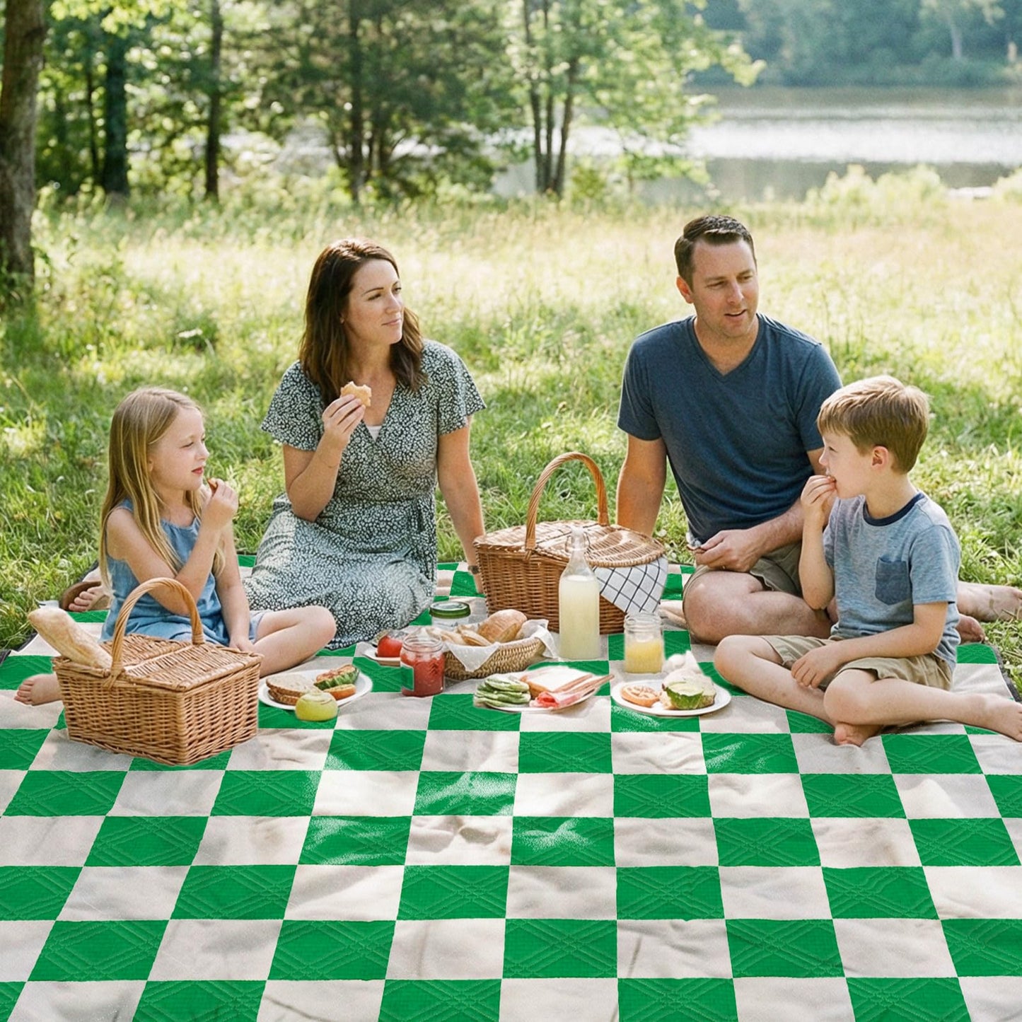 Doonly Picnic Blanket, Large Waterproof Sandproof Beach Blanket, Foldable Outdoor Blanket Gingham Picnic Mat for Beach, Camping, Park, Grass, Lawn, Travel (Green)