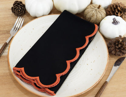 PurpleEssences Scalloped Embroidery Cloth Napkins Table Decor Fall Thanksgiving Halloween 100% Cotton Set of 4-18 x 18 inch - Black - Edges - Orange