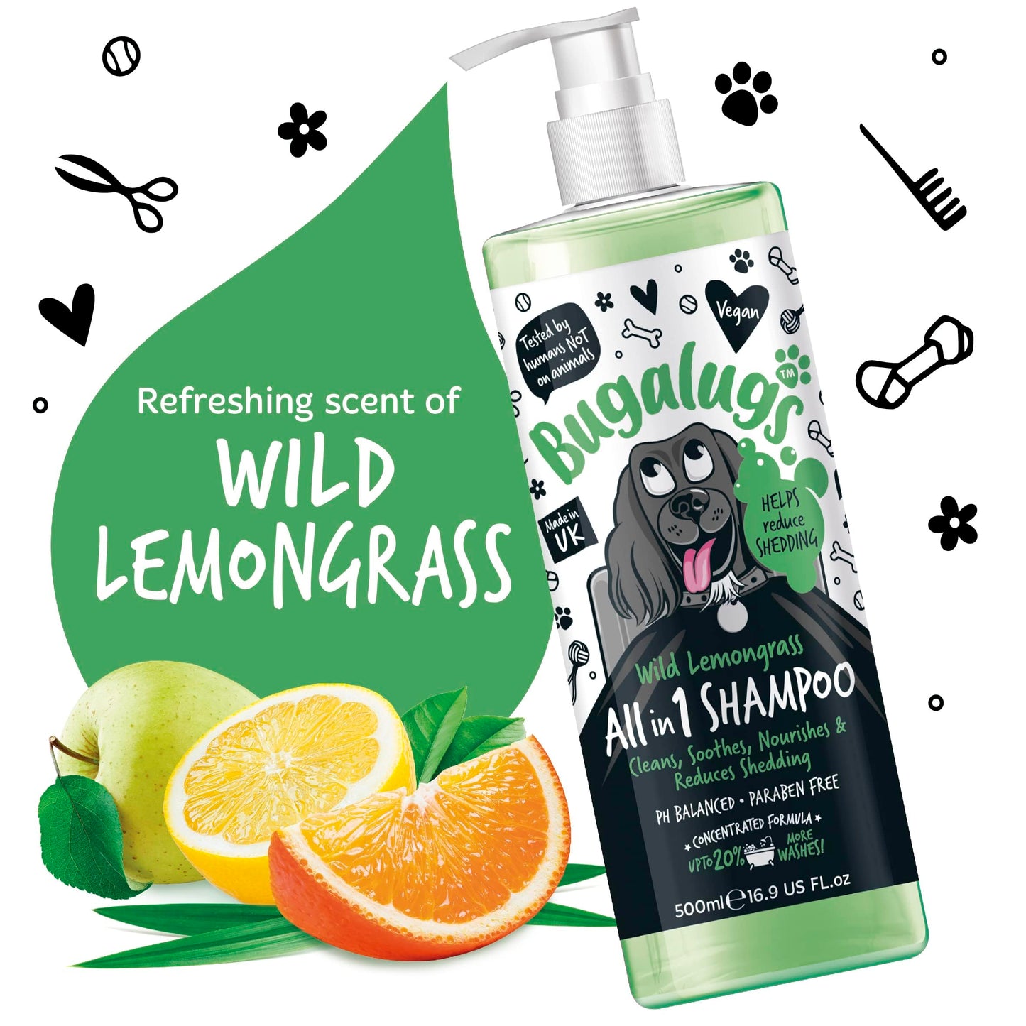 BUGALUGS Deshedding Shampoo for dogs works great alongside dog deshedding brush, de shedding dog shampoo