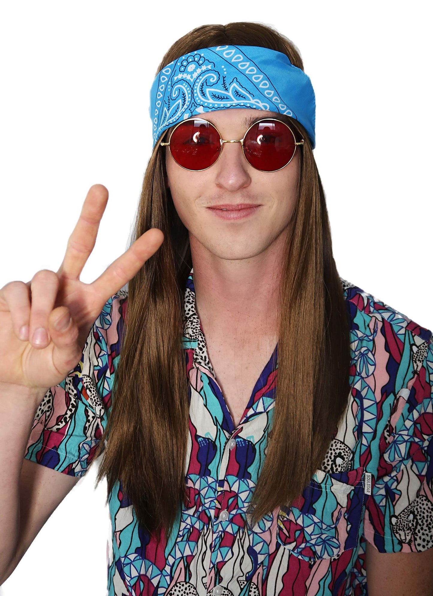 ALLAURA Compatible with Janis Joplin Wig – 3pc Long Brown Hippie Wig Costume Set with Bandana & Glasses – 60s 70s Unisex Hippy Look for Men & Women, Retro Festival Style, Halloween, Music Icon Cosplay